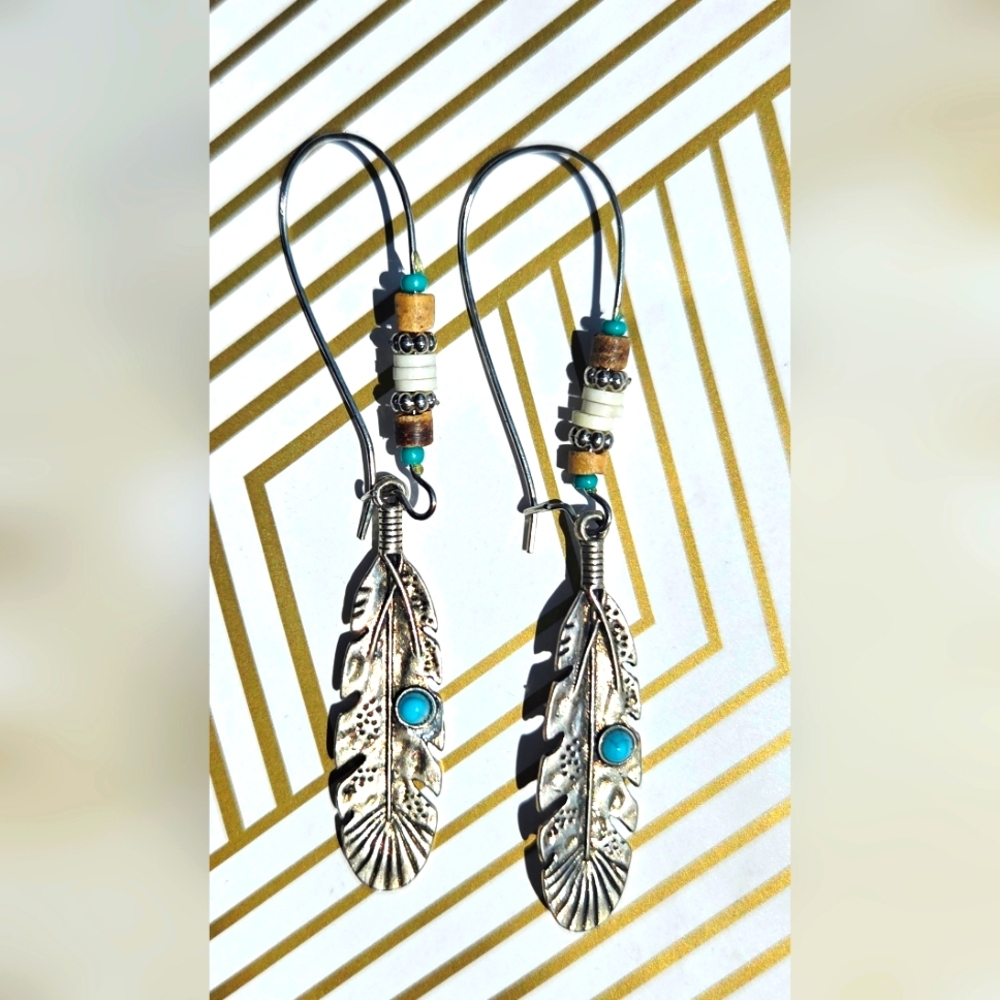 Silver Feather Earrings with Turquoise Accents